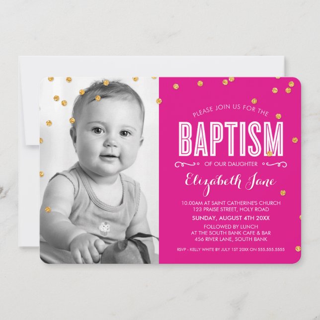 FOTO BAPTISM niedlicher Glitzer Konfetta Rosa Einladung (Vorderseite)