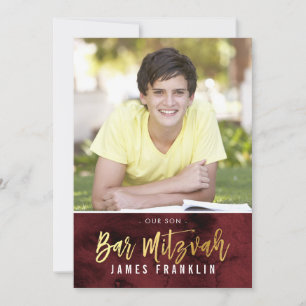 FOTO BAR MITZVAH Rotmaroon Aquarellgoldart Einladung