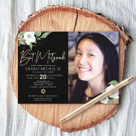 Foto Bat Mitzvah Black Gold Floral Watercolor Einladung