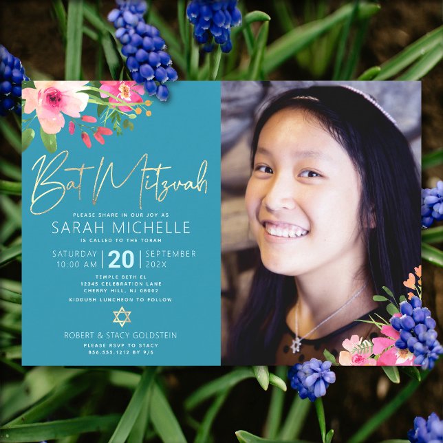 Foto Bat Mitzvah Blue Floral Watercolor Script Einladung (Von Creator hochgeladen)