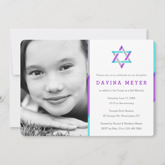 Foto Bat Mitzvah Einladungen | LILA + AQUAMARIN (Vorderseite)