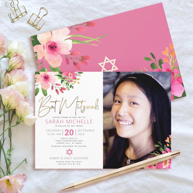 Foto Bat Mitzvah Floral Watercolor Gold Script Einladung (Von Creator hochgeladen)