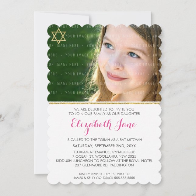FOTO BAT MITZVAH Zickzack Streifen Gold Glitzer ro Einladung (Vorderseite)