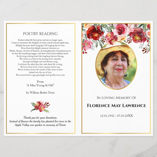 Foto Beerdigung Programm, Rot-Rosa-Rosengarland Flyer (Vorne)