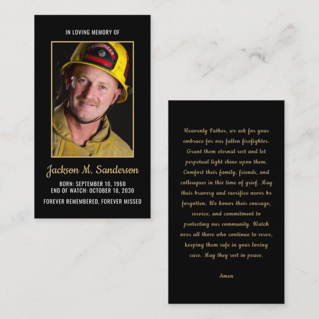 Foto-Beerdigungskarte des Feuerwehrmanns Telefonnummerkarte (Vorne/Hinten)