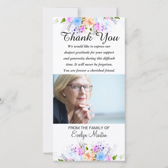 Foto-Beileids-Denkmal danken Ihnen mit Blumen Dankeskarte (Vorderseite)