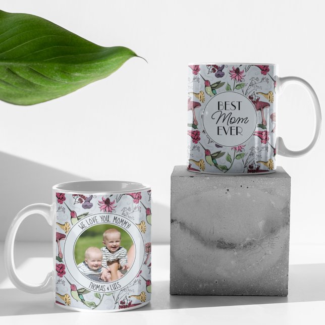 Foto Beste Mama je Hummingbird & Exotische Blume Kaffeetasse (Chic Blue Mug with Hand-Drawn Hummingbird, Flowers & Mushrooms. Custom Photo & 2 Personalized Texts.)