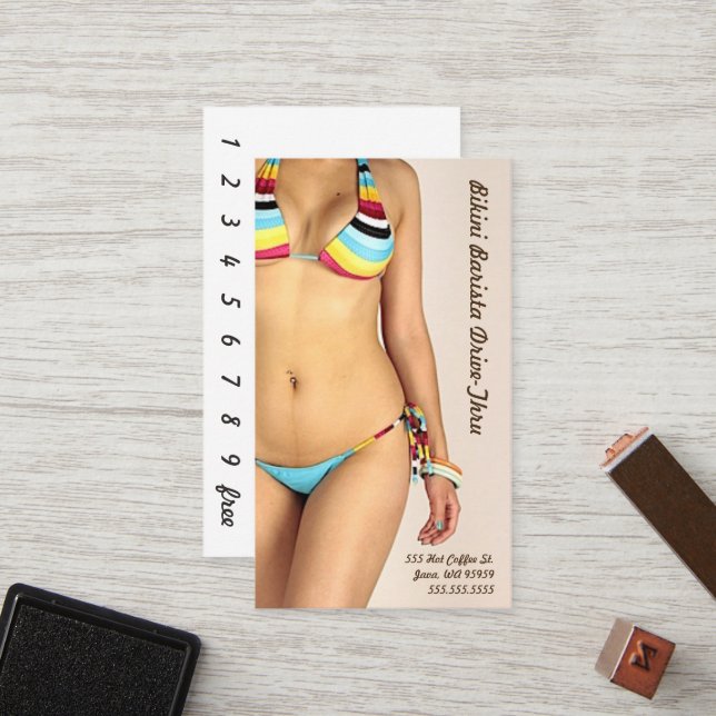 Foto Bikini Barista Drive-Thru Anpassen Treuekarte (Vorderseite/Rückseite Beispiel)