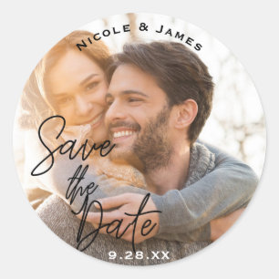 Foto Bild Schwarz Moderne Schrift SAVE THE DATE Runder Aufkleber