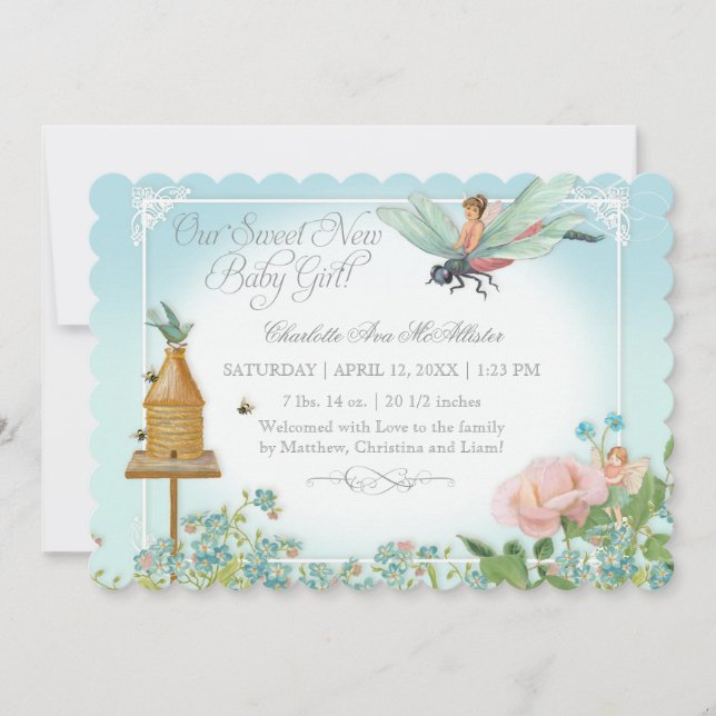 Foto Birth Announcement Fairy Bees Dragonfly Ankündigung (Vorderseite)