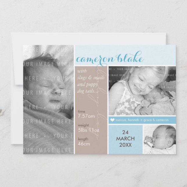 FOTO BIRTH ANNOUNCEMENT mondrischer Junge blau Ankündigung (Vorderseite)