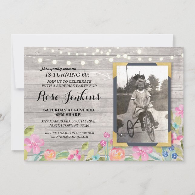 Foto Birthday Floral Rustic Wood Einladungen (Vorderseite)
