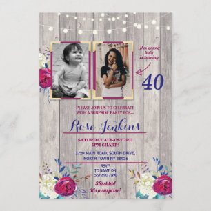 Foto Birthday Party Floral Lila Holz 2 Bilder Einladung