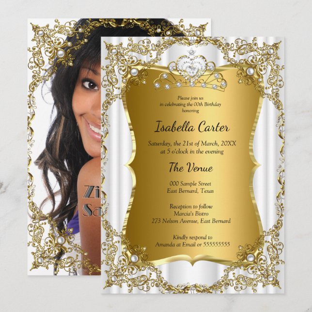 Foto Birthday Party Gold White Tiara Einladung (Vorne/Hinten)