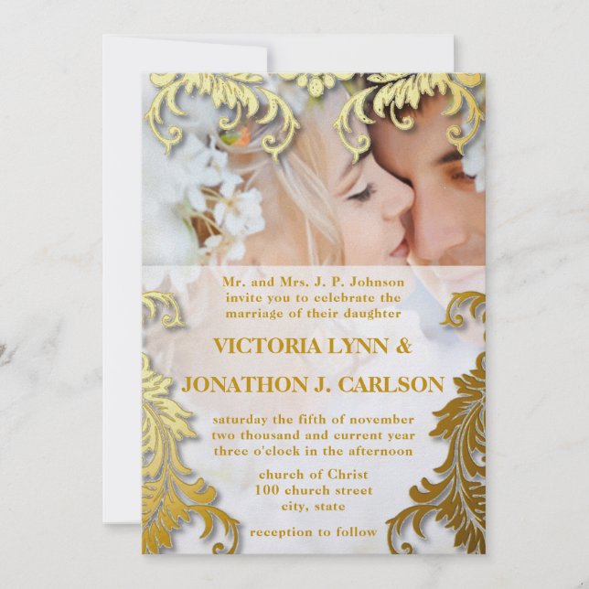 Foto Black and Gold Swirt Einladung zur Hochzeit (Vorderseite)