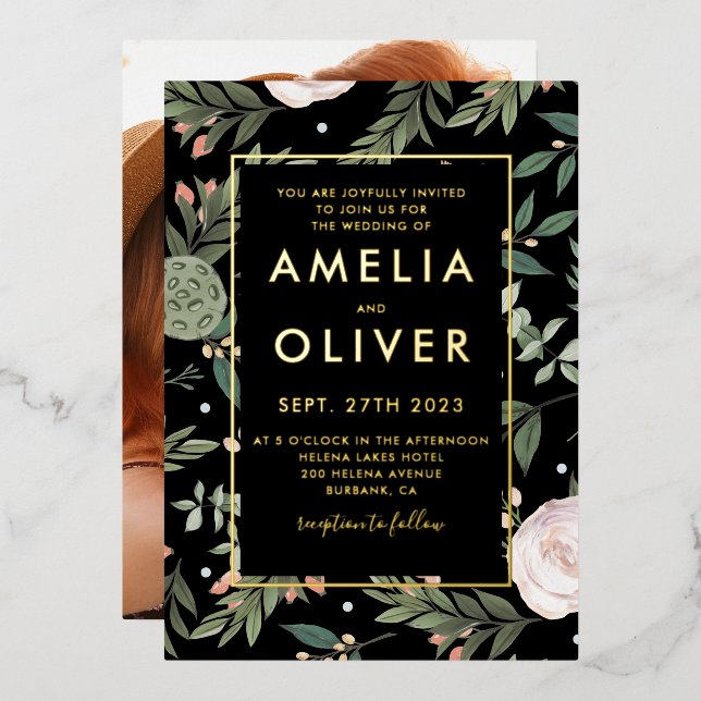 Foto Black Blush Floral Wedding Gold Foil Folieneinladung (Vorderseite/Rückseite)