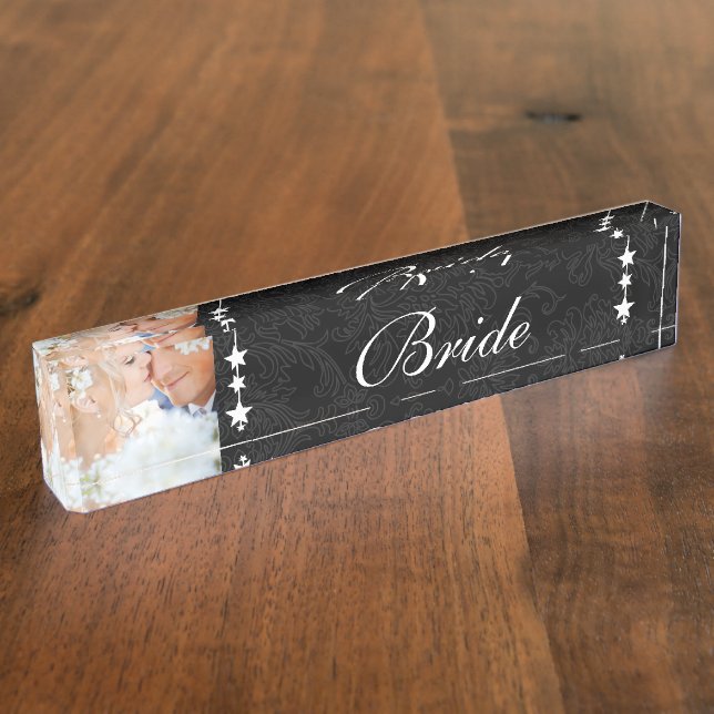 Foto Black Damask Bride Love Bird Wedding Namensplakette (Seite)