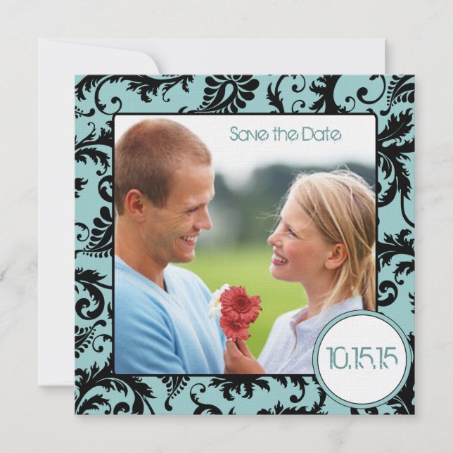 Foto Black Damask on Aqua Wedding Save the Date Einladung (Vorderseite)