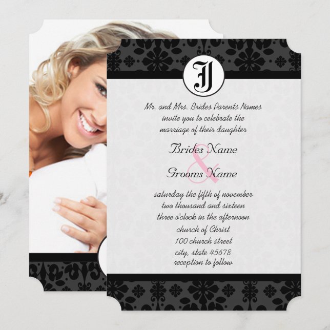 Foto Black Damask Wedites Einladung (Vorne/Hinten)