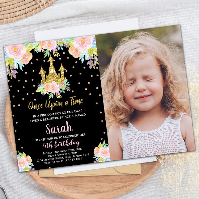 Foto Black Floral Glitzer Princess Birthday Einladung (Photo Black Floral Glitter Princess Birthday Invitation)