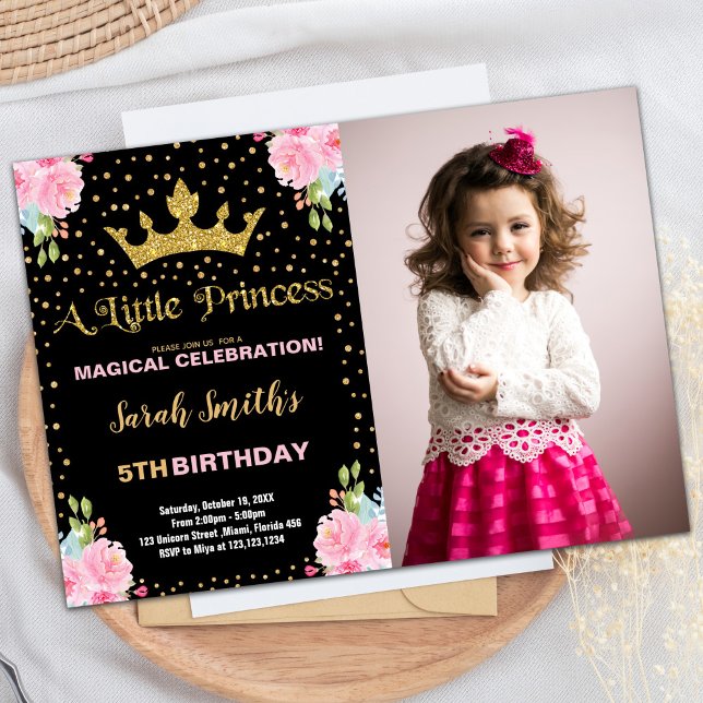 Foto Black Glitzer Crocess Princess Geburtstag Einladung (Photo Black Glitter Crown Princess Birthday Invitation)