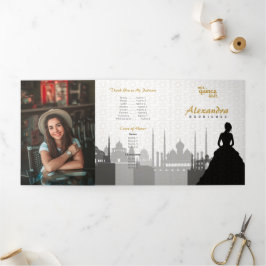 Foto "Black & Gold Arabian Quinceñera" Dreifach Gefaltete Einladung