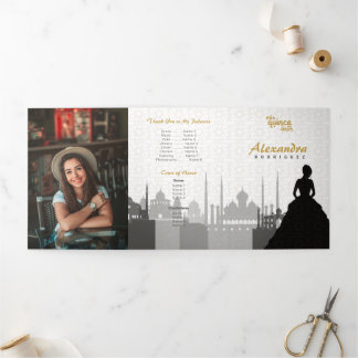 Foto "Black & Gold Arabian Quinceñera" Dreifach Gefaltete Einladung