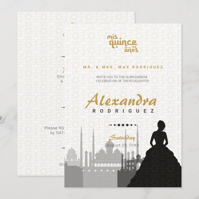 Foto "Black & Gold Arabian Quinceñera" Einladung (Vorne/Hinten)