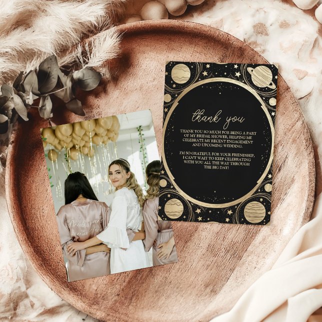 Foto Black Gold Celestial Crescent Moon Bridal Dankeskarte (Von Creator hochgeladen)