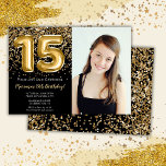 Foto Black Gold Kids Girl 15. Geburtstagsparty Einladung<br><div class="desc">Foto elegante Schwarz und Gold 15. Geburtstagsfeier Einladung für ein 15-jähriges Mädchen mit elegantem Drehbuch,  goldfarbenen Schriftart und lustigen Folienballons.</div>