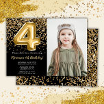 Foto Black Gold Kids Girl 4. Geburtstag Party Einladung<br><div class="desc">Foto Elegante Schwarz und Gold 4. Geburtstag Party Einladung für ein 4-jähriges Mädchen mit elegantem Drehbuch,  goldenes Schriftart-Design und lustige Fotoplatten.</div>