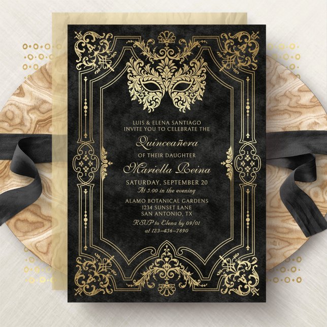 Foto Black Gold Masquerade Quinceanera Einladung (Von Creator hochgeladen)