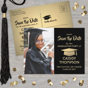 Foto Black & Gold Moderner Abschluss Save the Date Postkarte