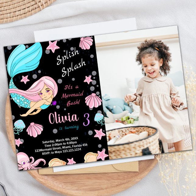 Foto Black Mermaid Geburtstag Einladungen (Photo Black Mermaid Birthday Invitations)