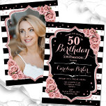 Foto Black Rose Gold 50. Geburtstag Einladung<br><div class="desc">Elegante florale Einladung zum 50. Geburtstag mit Ihrem Foto auf der Kartenrückseite. Glam Schwarz und Rosa Design mit Imitaten Glitzer Rose Gold. Es gibt schwarz-weiße Streifen, rot-rosa Rosen, Skript-Schriftart und Konfetti. Ideal für ein stilvolles Party für Erwachsene. Personalisieren Sie Ihre persönlichen Daten. Kann für jedes Alter angepasst werden! Gedruckte Zazzle...</div>