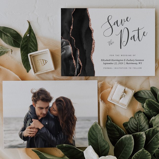 Foto Black Rose Gold Agate Save the Date Karte (Von Creator hochgeladen)