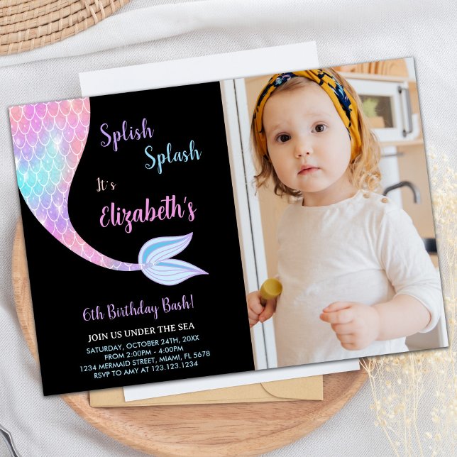 Foto Black Splash Splish Mermaid Birthday Einladung (Photo Black Splash Splish Mermaid Birthday Invitation)