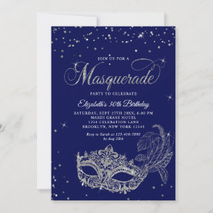 Foto Blau Silber Glitter Maskenball Geburtstag Einladung