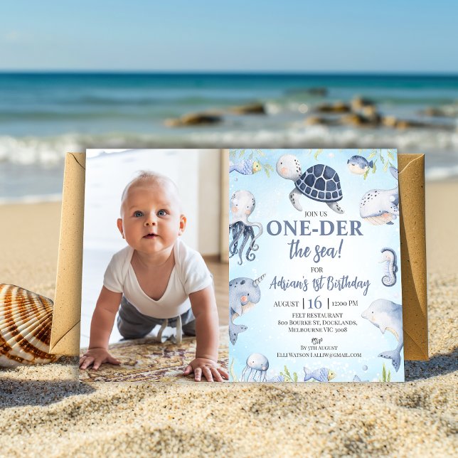 Foto Blauer Meeresschildkröte 1. Geburtstag Einladung (Editable Sea Turtle Oneder The sea 1st Birthday Invitation Boy, Ocean Themed First Birthday Invite)