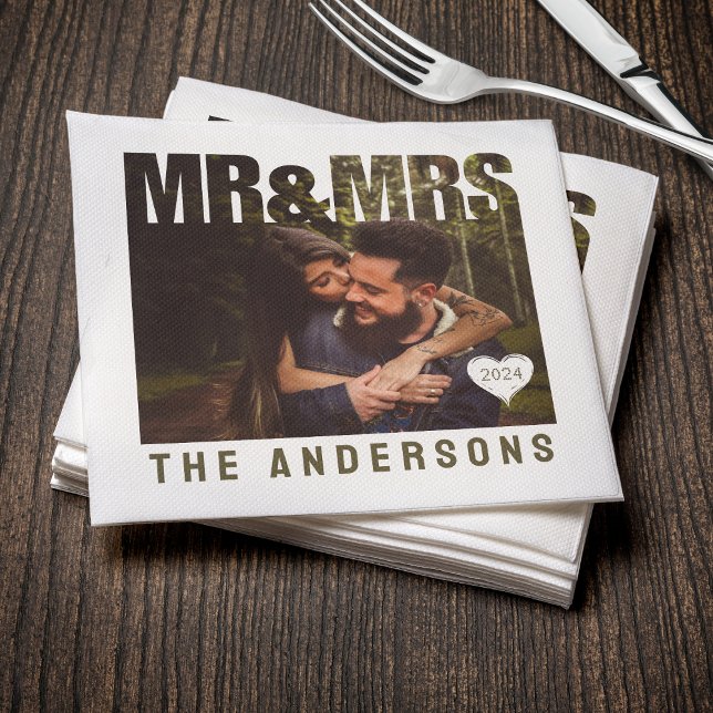 Foto Blockname Serviette (Mr & Mrs Photo Block Heart Anniversary Name Napkins
)