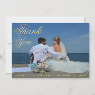 Foto Blue Gold Elegante Script Calligraphy Wedding Dankeskarte