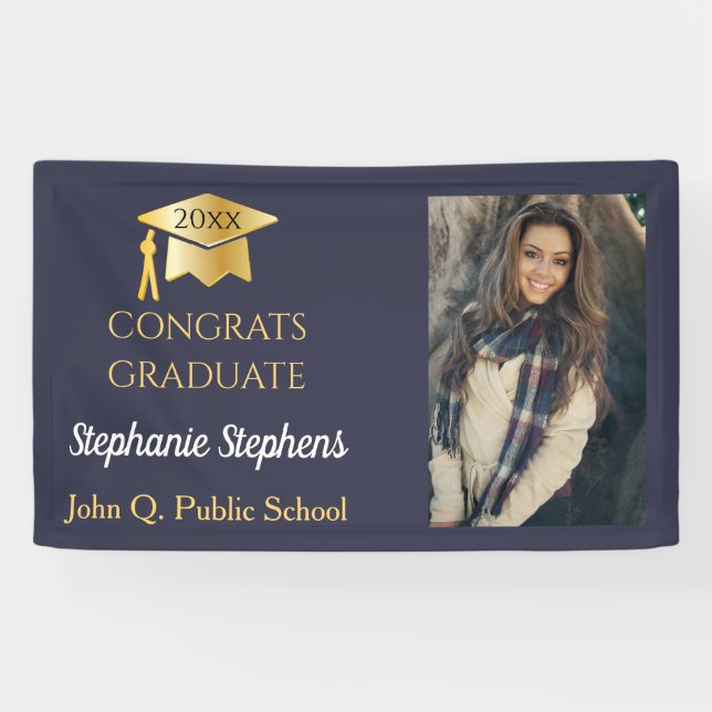 Foto Blue | Gold Glückwunsch Graduierungsname | Sc Banner (Horizontal)