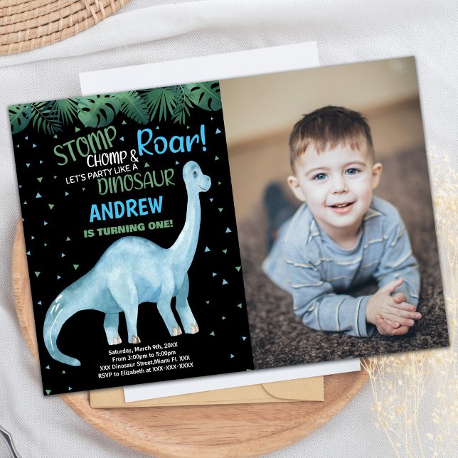 Foto Blue Green Black Dinosaurier Geburtstag Einladung (Photo Blue Green Black Dinosaur Birthday Invitation)