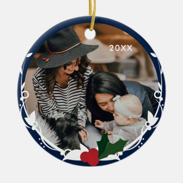 Foto Blue Holly Christmas Keramik Ornament (Vorne)
