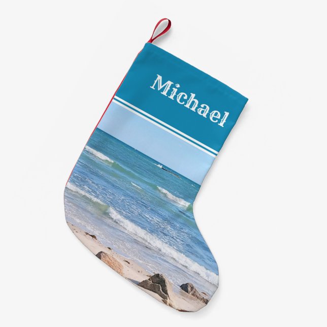 Foto Blue Ocean Waves Sandy Beach Kleiner Weihnachtsstrumpf (Vorderansicht (hängend))