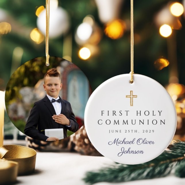 Foto Blue Religious Cross Boy Erste Kommunion Keramik Ornament (Photo Blue Religious Cross Boy First Communion Ceramic Ornament)