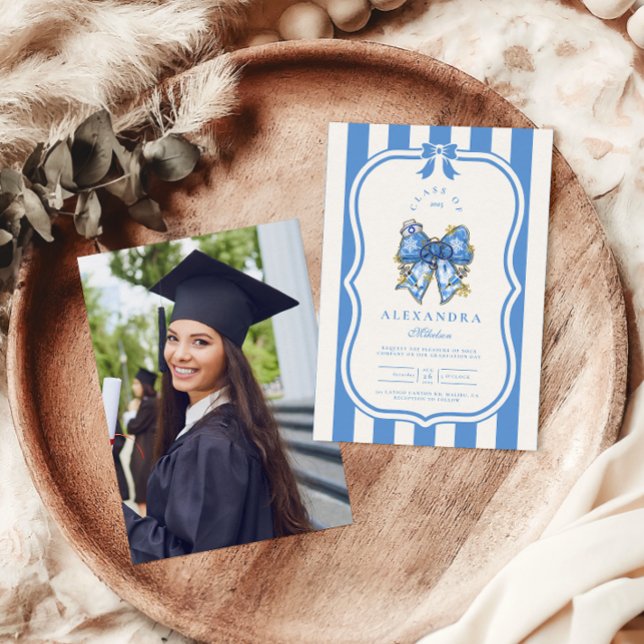 Foto Blue Toile Bow Coquette Nursing School Gradu Einladung (Von Creator hochgeladen)