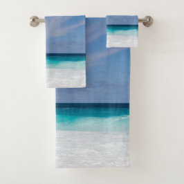 Foto Blue Turquoise Aqua White Beach Badhandtuch Set
