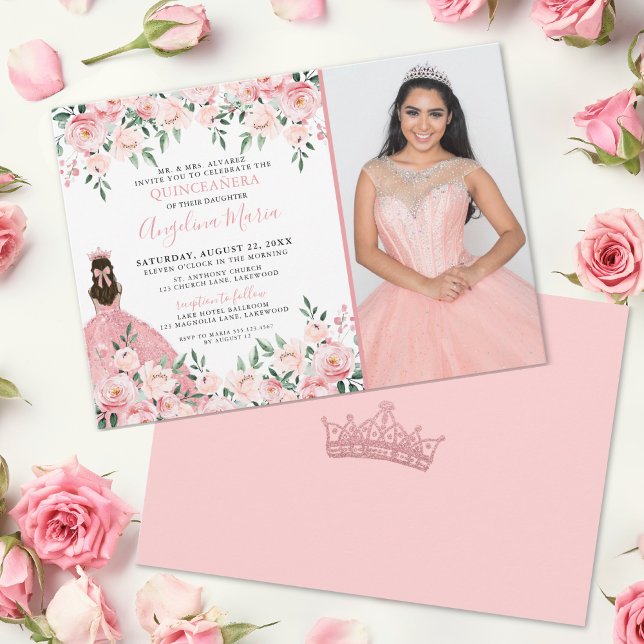 Foto Blues Rosa Quinceanera Einladung (Floral Photo Blush Pink Quinceanera Invitation)