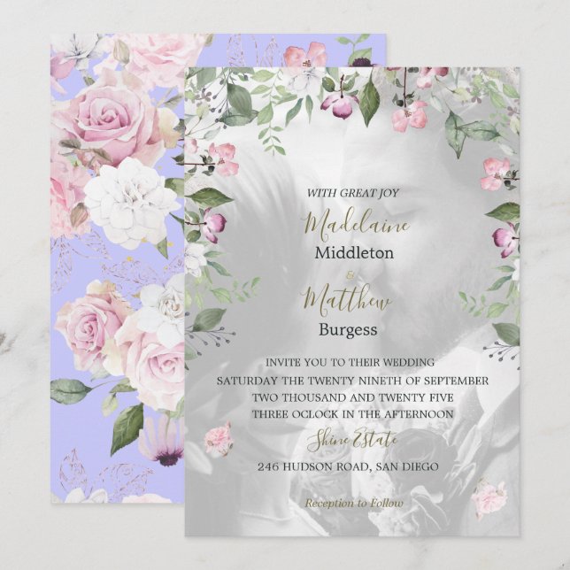 Foto Blumenblume Lila-goldfarbene Hochzeit Einladung (Vorne/Hinten)